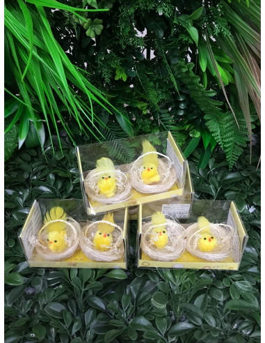 CONFEZIONE 2 PULCINI GIALLI 4x4x4,5 CM CON CESTINO 