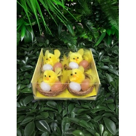 CONFEZIONE 4 PULCINI GIALLI D. 5x4,5 CM CON NIDO E UOVA