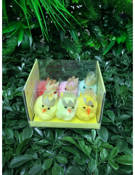 CONFEZIONE 6 PULCINI COLORATI MISTI 6 CM CON CORONA 