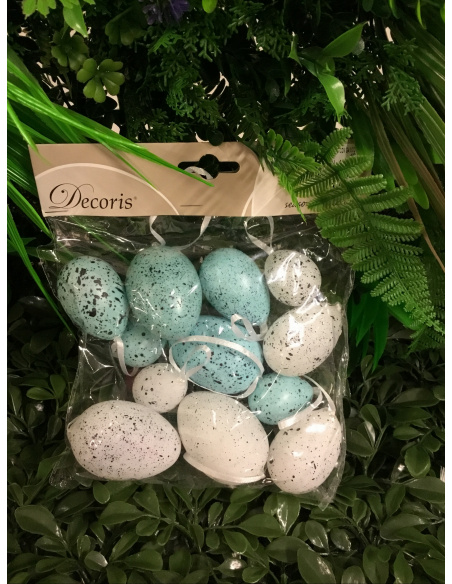 CONFEZIONE 12 UOVA DI VARIE DIMENSIONI ASSORTITE AZZURRE E BIANCHE 