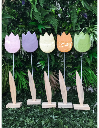 TULIPANO IN LEGNO DECORATIVO H.53 CM FIORE SMALTATO LILLA SU UN LATO 