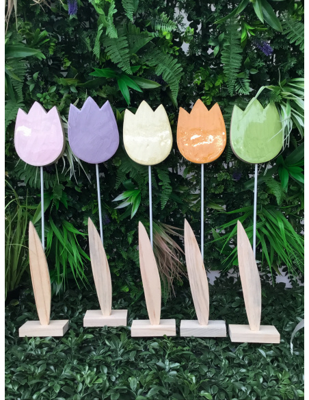 TULIPANO IN LEGNO DECORATIVO H.53 CM FIORE SMALTATO LILLA SU UN LATO 