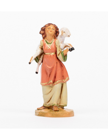 Statuette per Presepe, Pastorella con pecora sulle spalle,  Cm12
