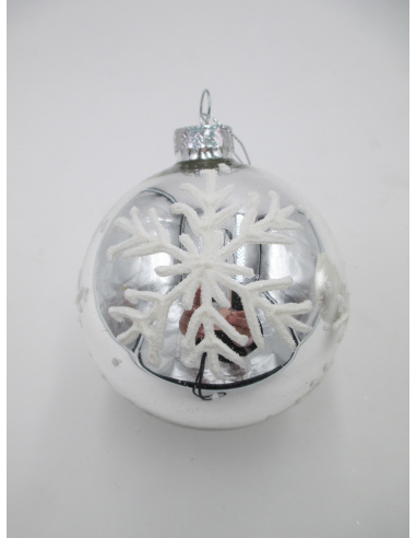Pallina di Natale, Sfera di Vetro, 8 Cm, Argento Smaltato/Opaco con Decorazione, Assortite