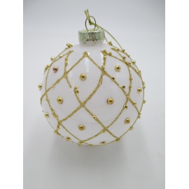 Pallina di Natale, Sfera di Vetro, 10 Cm, Bianco Lucido con Decorazione