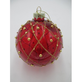 Pallina di Natale, Sfera di Vetro, 10 Cm, Rosso Lucido con Decorazione