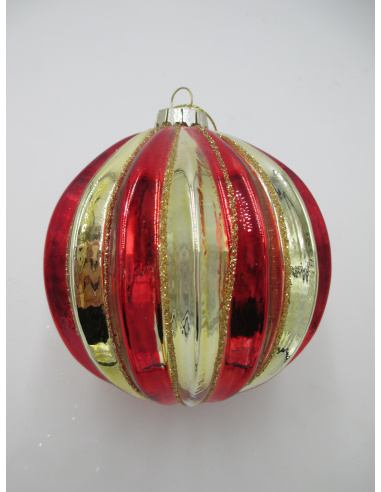 Pallina di Natale, Sfera di Vetro, 10 Cm, Rosso e Oro Lucido con Decorazione