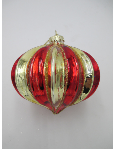 Pallina di Natale, Cipolla di Vetro, 10 Cm, Rosso e Oro Lucido con Decorazione
