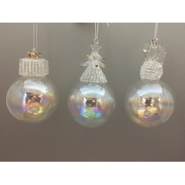 Pallina di Natale, Sfera di Vetro, 10 Cm, Iridescente con Decorazione, Assortite