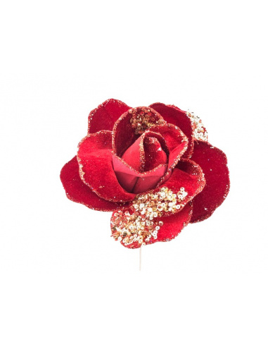 Fiore natalizio, Rosa Aperta velluto/glitter Bianco/Oro