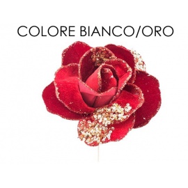 Fiore natalizio, Rosa Aperta velluto/glitter Bianco/Oro