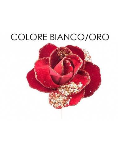 Fiore natalizio, Rosa Aperta velluto/glitter Bianco/Oro