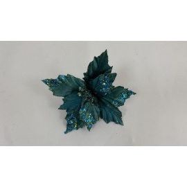 Fiore Natalizio, Stella di Natale Velluto Turchese e Glitter 30cm 