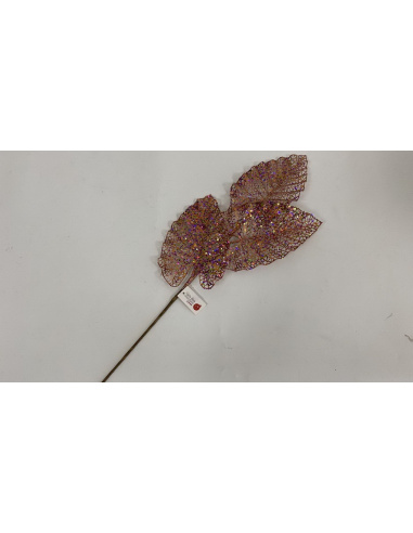 Fiore Natalizio, Ramo con 3 Foglie Glitter e Pailettes Rosa 70 cm 
