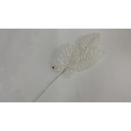 Fiore Natalizio, Ramo con 3 Foglie Glitter e Pailettes Bianco 70 cm 