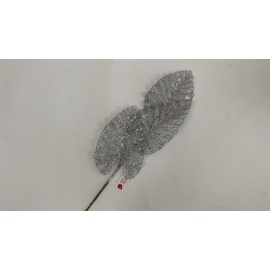 Fiore Natalizio, Ramo con 3 Foglie Glitter e Pailettes Argento 70 cm 