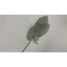 Fiore Natalizio, Ramo con 3 Foglie Glitter e Pailettes Menta 70 cm 