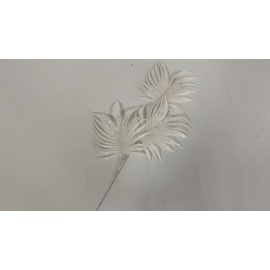 Fiore Natalizio, Ramo con 3 Foglie Glitter e Pailettes Bianco 68 cm 