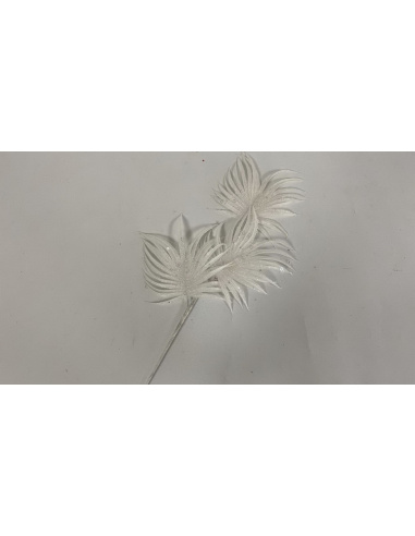 Fiore Natalizio, Ramo con 3 Foglie Glitter e Pailettes Bianco 68 cm 