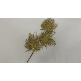 Fiore Natalizio, Ramo con 3 Foglie Glitter e Pailettes Oro 68 cm 