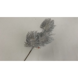 Fiore Natalizio, Ramo con 3 Foglie Glitter e Pailettes Argento 68 cm 