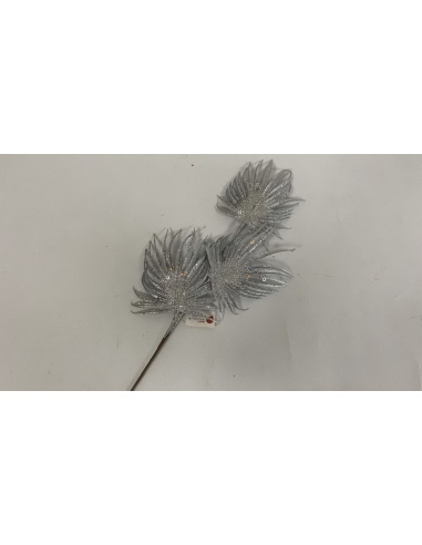 Fiore Natalizio, Ramo con 3 Foglie Glitter e Pailettes Argento 68 cm 