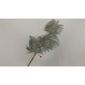 Fiore Natalizio, Ramo con 3 Foglie Glitter e Pailettes Menta 68 cm 