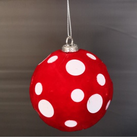 Pallina di Natale, Sfera in Velluto Rosso con Pois Oro, 10 cm