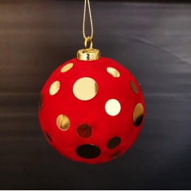 Pallina di Natale, Sfera in Velluto Rosso con Pois Oro, 10 cm