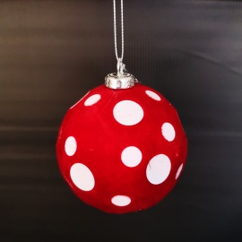 Pallina di Natale, Sfera in Velluto Rosso con Pois Bianco, 10 cm