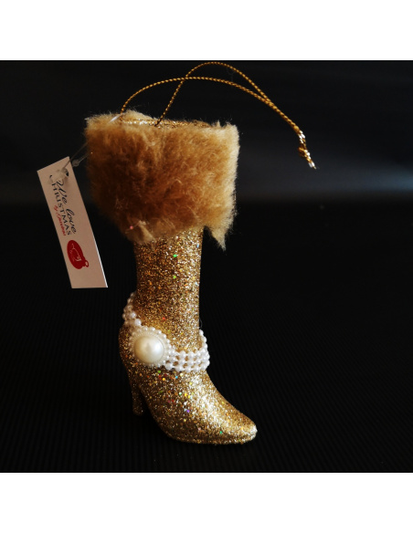 Scarpina Stiletto con Gemma, Acrilico, Glitter Oro, 11x9 cm