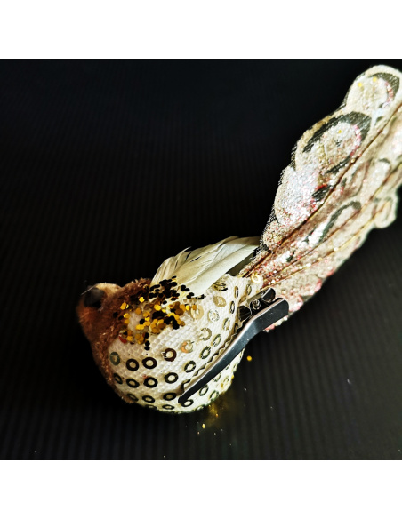 Uccellino con Clip, Glitter Oro, 10 cm