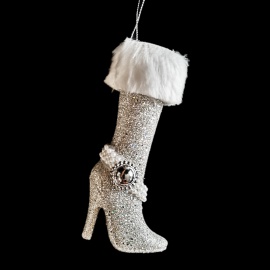 Stivale con Perline e Pelo, Acrilico, Glitter Oro, 13 cm