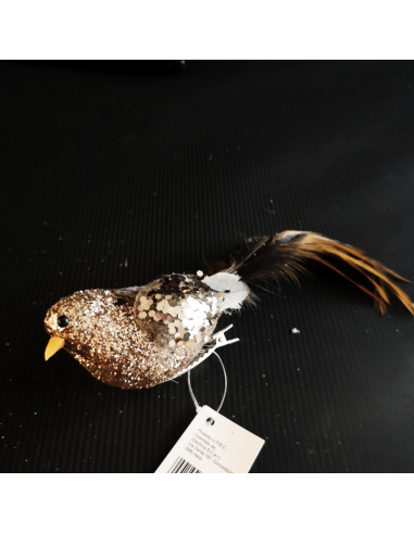 Uccellino Coda Lunga con Clip, Glitter Oro dettagli Rossi, 14 cm