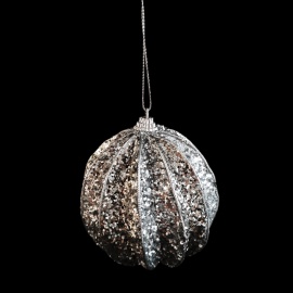 Pallina di Natale, Sfera a Spicche, Glitter Argento e Champagne, 10 cm