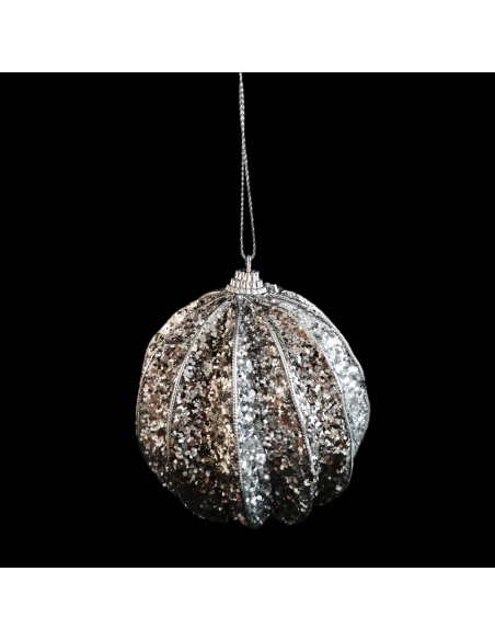 Pallina di Natale, Sfera a Spicche, Glitter Argento e Champagne, 10 cm
