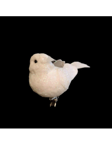 Uccellino con Clip, Bianco con Glitter, 12 cm