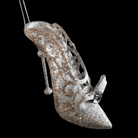 Scarpina Stiletto con Gemma, Acrilico Bianco con Glitter, 11x9 cm