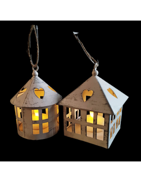 Lanterna Casetta in Metallo Bianco 9Cm Assortite Lanterna Casetta in Metallo Bianco 9Cm Assortite