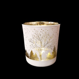 Bicchierino Porta Tealight, Vetro, Stampa Bianco Opaco, 8,8x10 cm