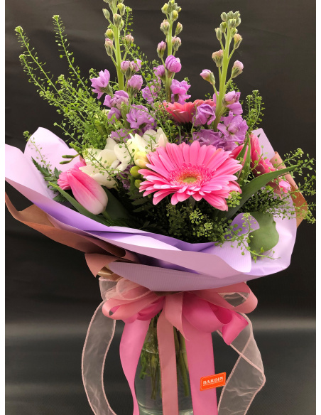 MAZZO DI FIORI VIOLE CIOCCHE E GERBERE